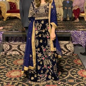Navy Velvet Dress with Shalwar and Dupatta Wedding Party Dress Pakistani Indian